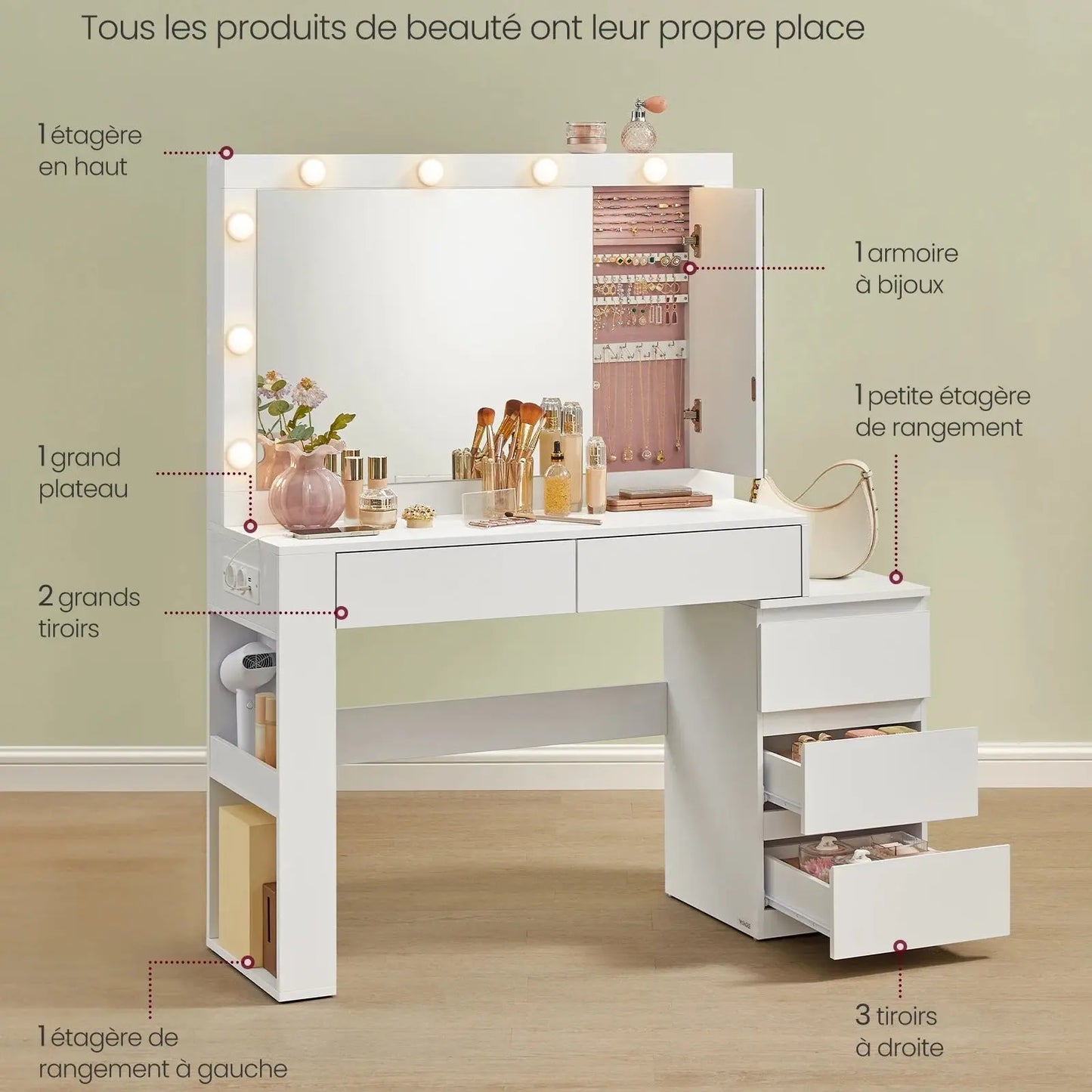 Coiffeuse | Rectangulaire LED - Miroir émoi - Coiffeuse Miroir
