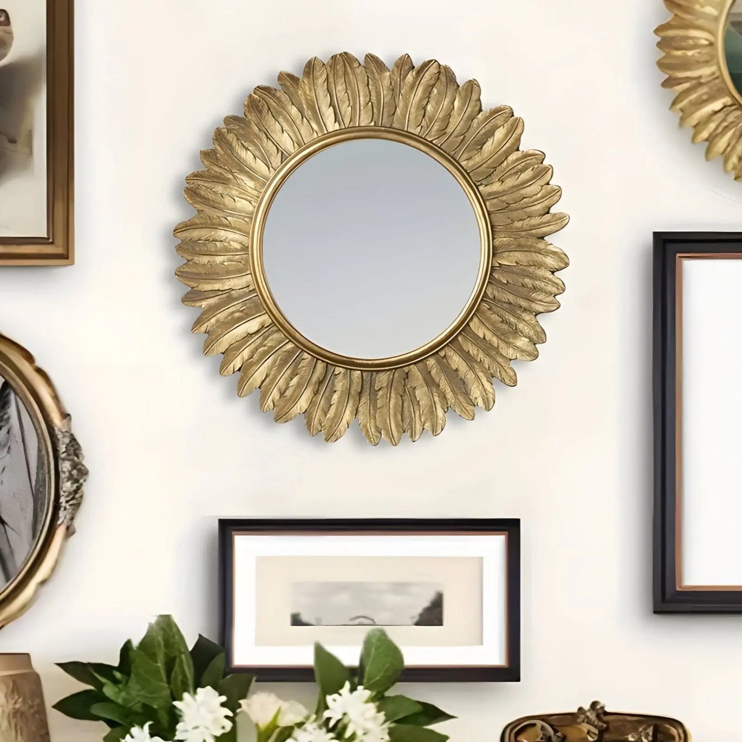 Miroir Mural Doré Rond | Tournesol - Miroir émoi - Miroir Mural Doré