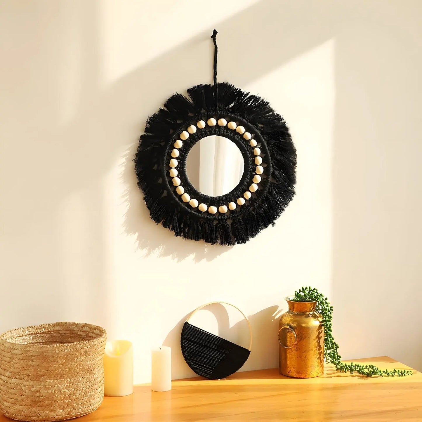 Miroir Mural Rond | Macramé Noir - Miroir émoi - Miroir Mural Décoratif