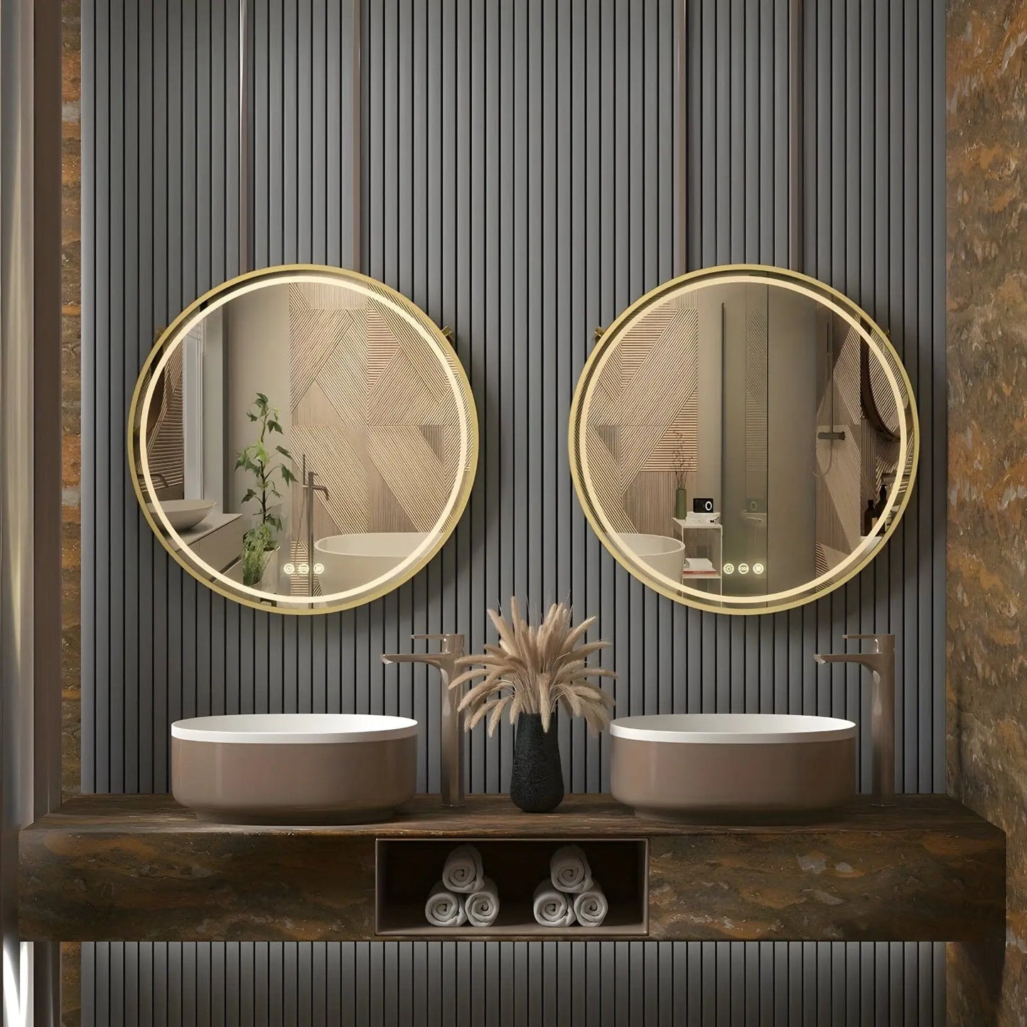 Miroir de Salle de Bain Rond LED | Le Doré - Miroir émoi - Miroir Mural de Salle de Bain Rond Doré LED
