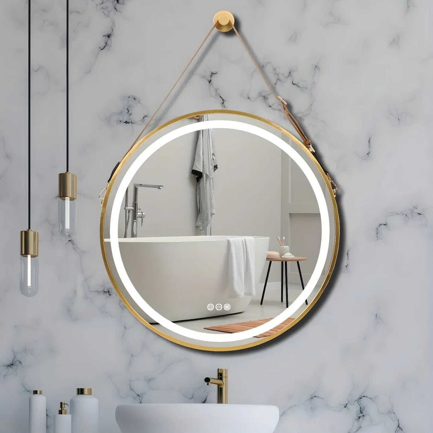 Miroir de Salle de Bain Rond LED | Le Doré - Miroir émoi - Miroir Mural de Salle de Bain Rond Doré LED