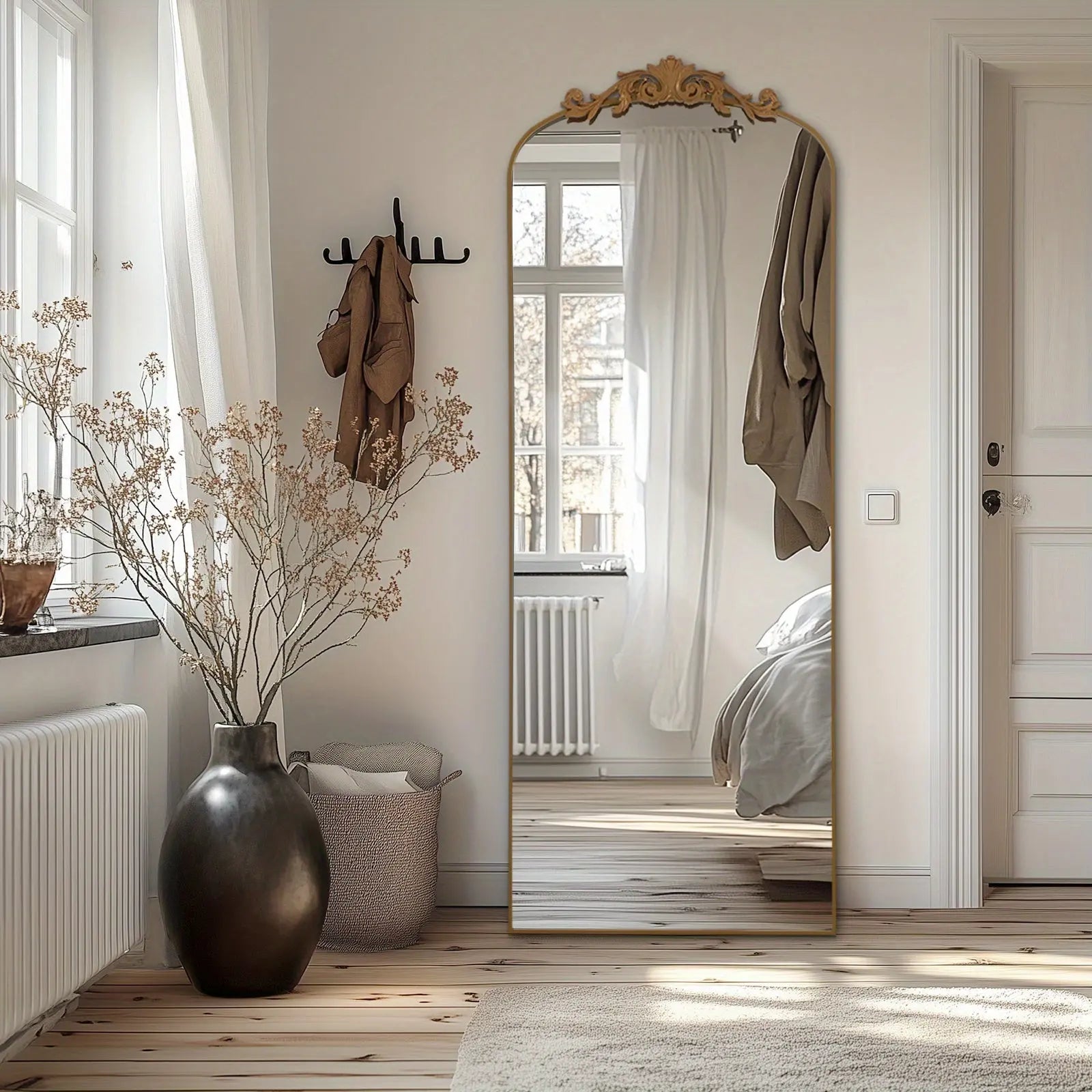 Grand Miroir Baroque Prunk Château Monfort – 196cm, Bois/stuc Doré, Effet Antique
